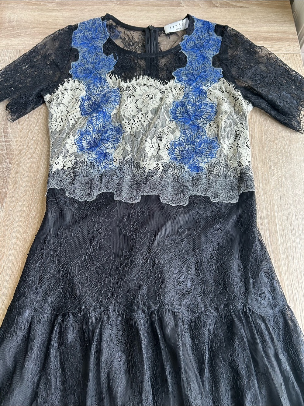 Sandro Paris Lace Floral-Accent Mini Dress Black White Blue 4 S Small - Picture 4 of 12